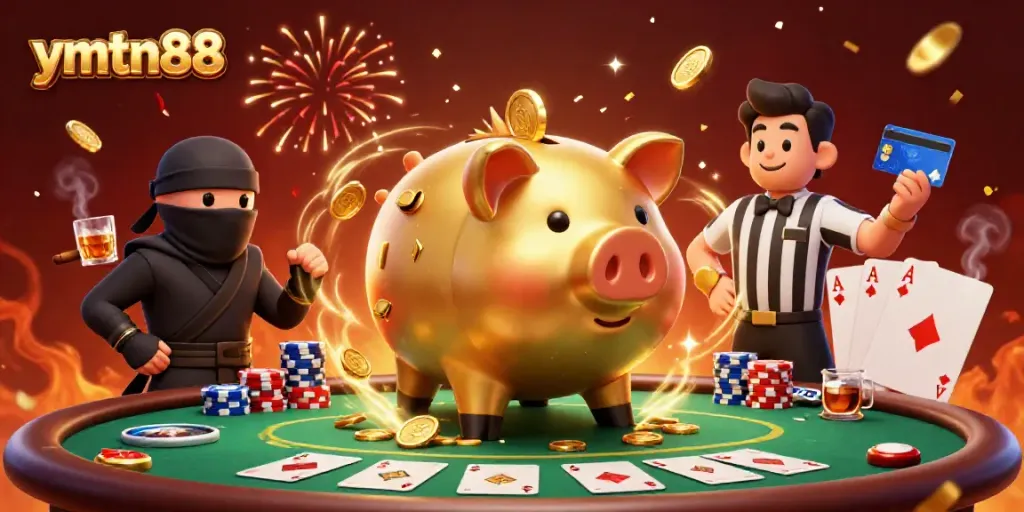 Experience the thrill of ymtn88 with a dynamic sumo wrestler, wallet-ninja, and credit-card samurai in a vibrant casino scene.