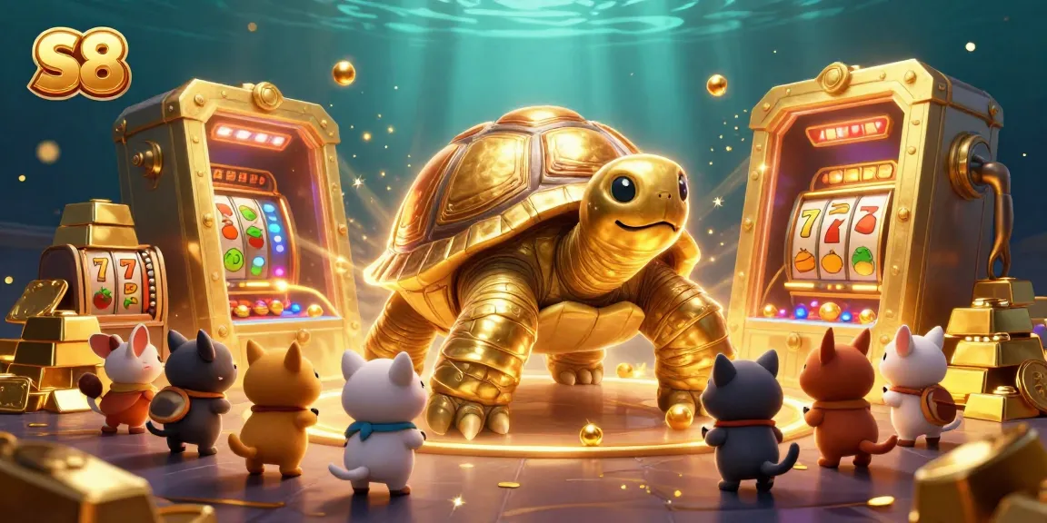 S8 slots jackpot scene with a tortoise pinball machine and treasure elements.