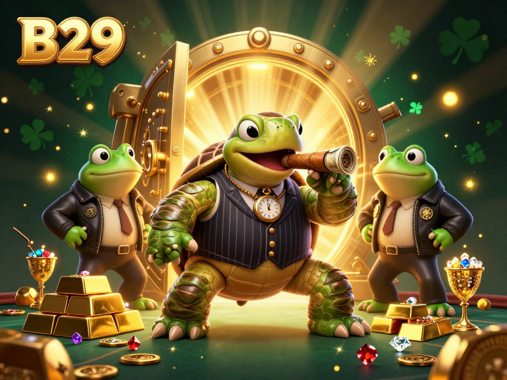 B29 logo illustration showcasing the cartoon turtle and bullfrogs gambling in a vibrant casino scene.
