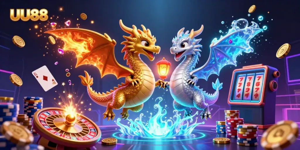 Experience the vibrant UU88 gaming scene with golden coins, dragons, and exciting casino elements.
