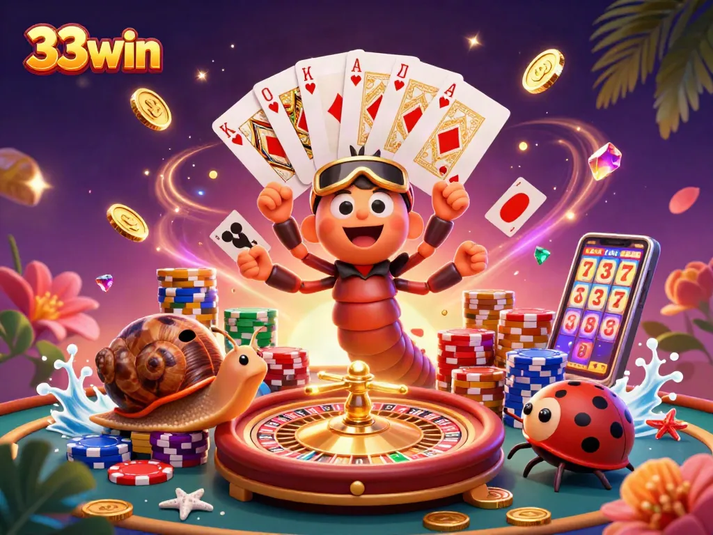 33win dealer showcases vibrant casino excitement with dynamic cards and golden coins.