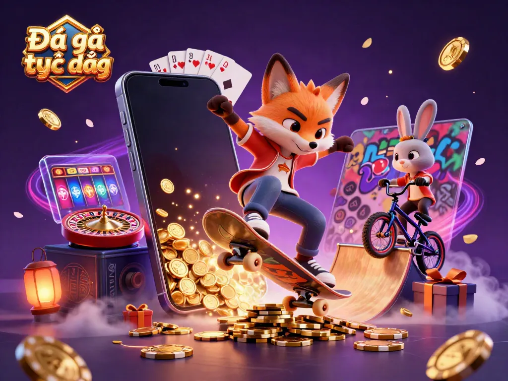 Engaging scene of Đá gà trực tiếp with a fox skateboarder and rabbit performing tricks amidst colorful casino elements.