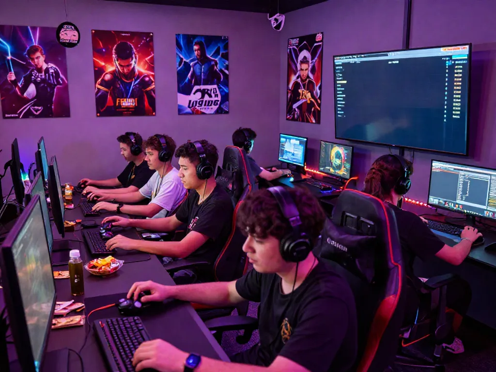 Exciting gaming competition with diverse players engaging in high-stakes multiplayer action for 78win, illuminated with vibrant LED lighting.
