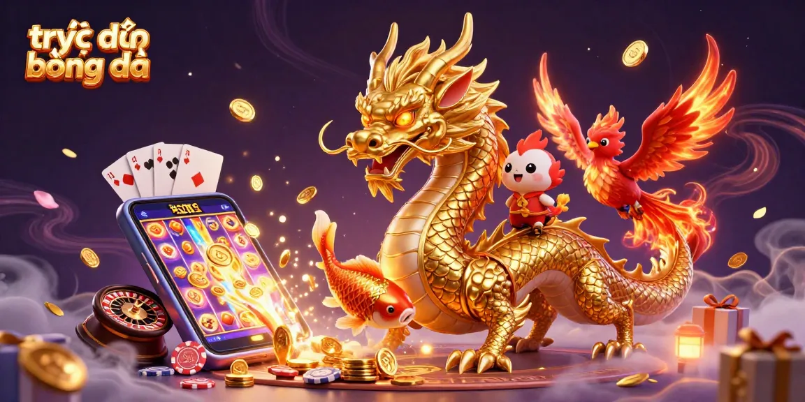 Watch trực tiếp bóng đá with a dynamic 3D scene featuring legendary creatures and thrilling casino elements.