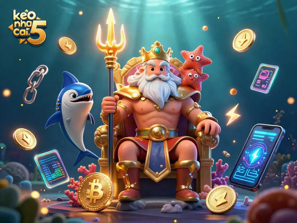 Join the excitement of keo nha cai 5 with Neptune and samurai in a vibrant underwater casino scene.