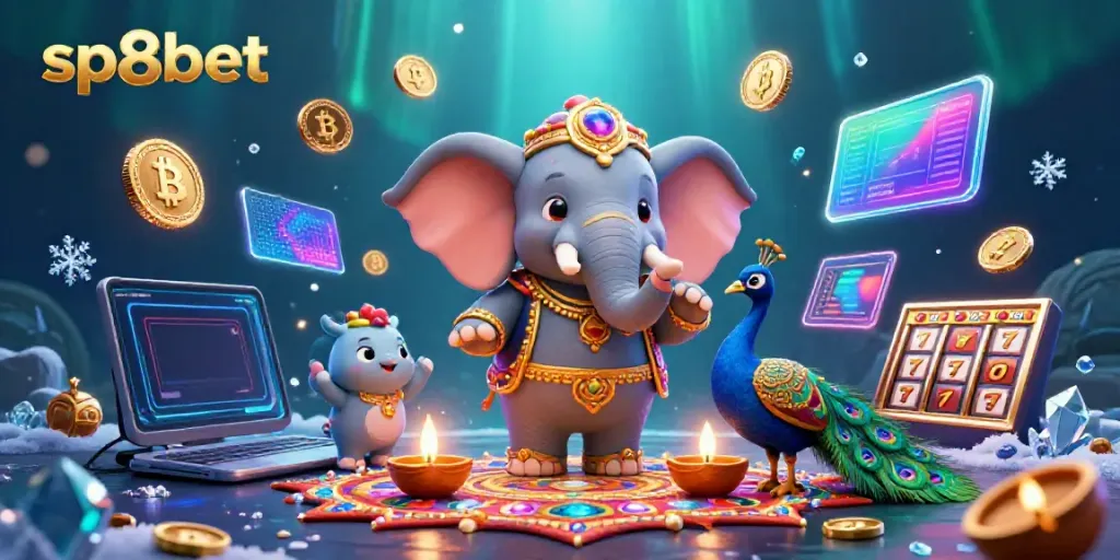 Experience top-tier gaming action with sp8bet's energetic 3D casino illustration featuring vibrant characters and cryptocurrency elements.