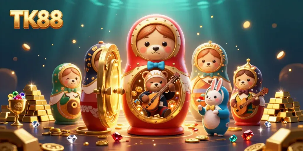 Engage in thrilling casino action with TK88 through a vibrant 3D illustration featuring lively characters and rich golden treasures.
