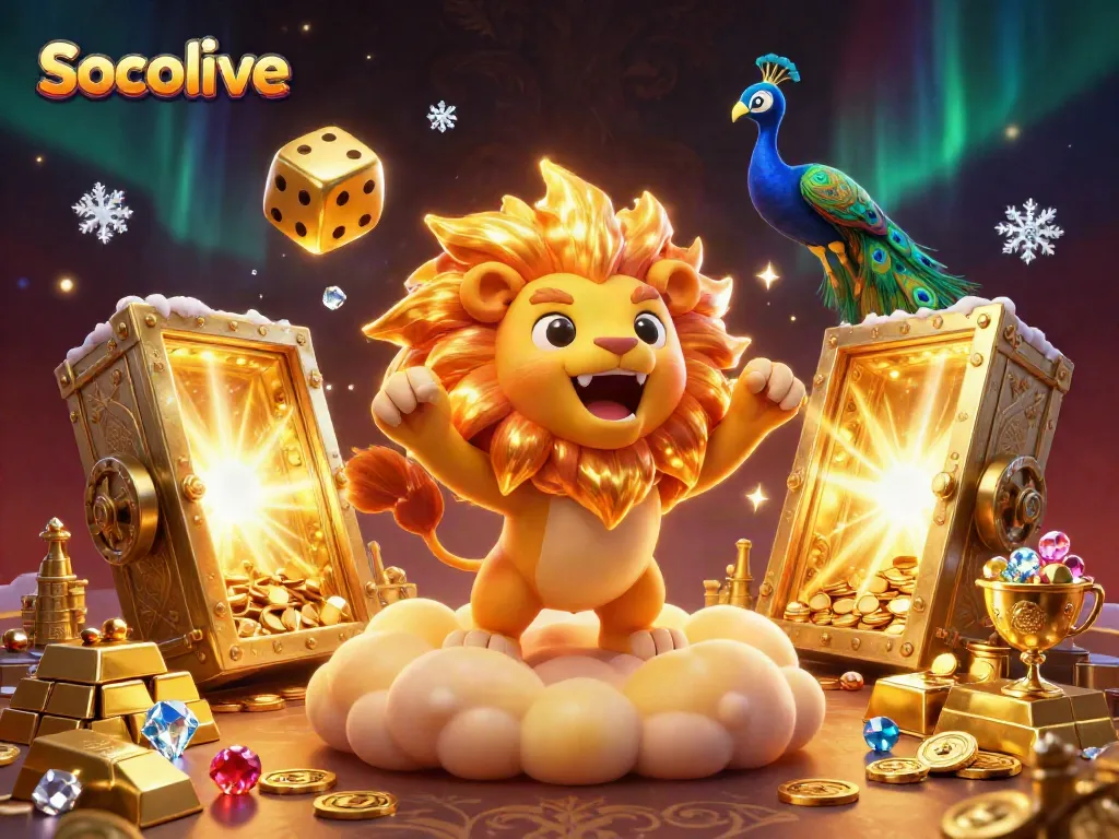 Experience thrilling action with Socolive as cartoon characters celebrate massive wins amidst shining treasures.
