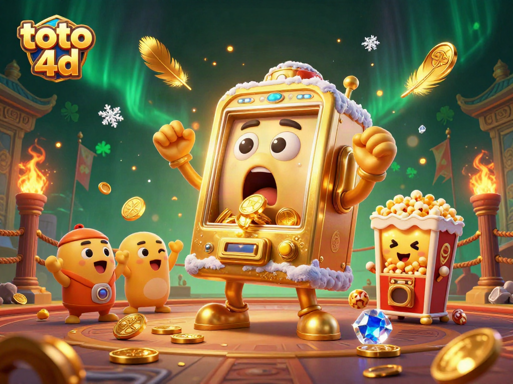 Win big with toto 4d as the golden slot machine celebrates while coins pour out!