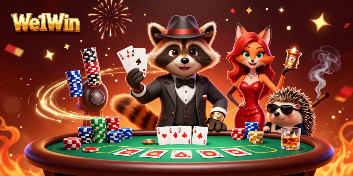 Experience thrilling gameplay with We1Win's engaging casino characters at a vibrant poker table.