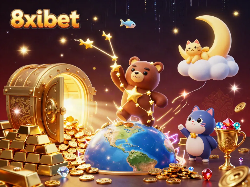 Engage with the magic of 8xbet as golden stars and treasures illuminate the gambling experience.