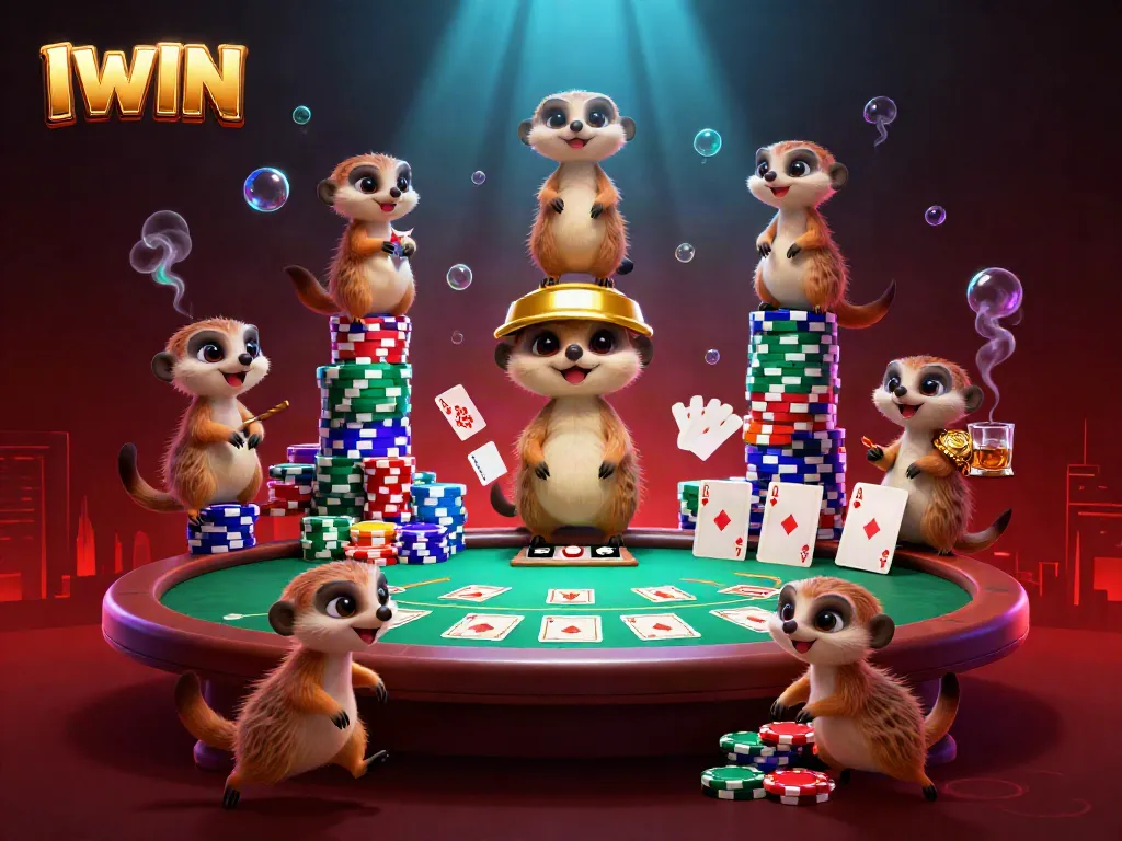 IWIN casino fun depicted with meerkats running a vibrant poker table scene, showcasing interactive gaming and excitement.