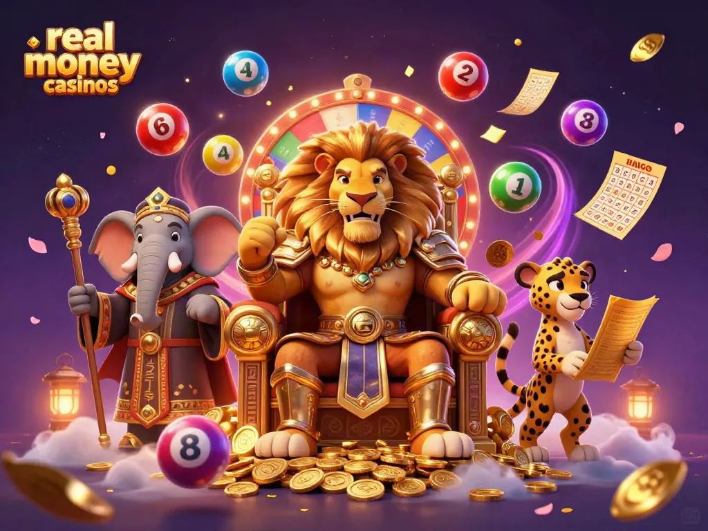 Experience excitement at real money casinos with our vibrant 3D casino scene featuring a lion king and colorful gaming elements.