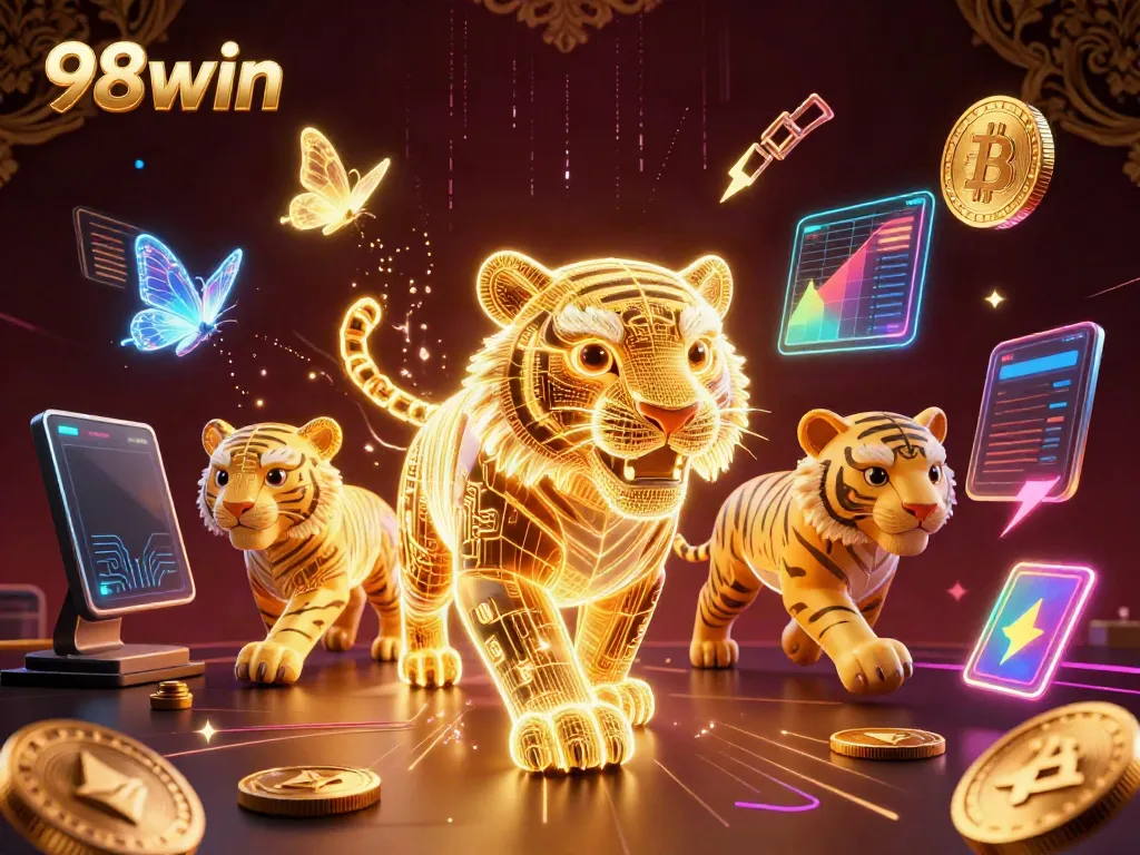 Experience stunning 98win casino features with a neon wireframe tiger in a digital world filled with crypto.