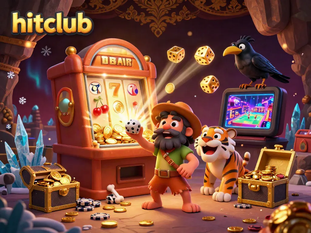 Hitclub's prehistoric casino scene with caveman and sabertooth duo winning big on slot machines.
