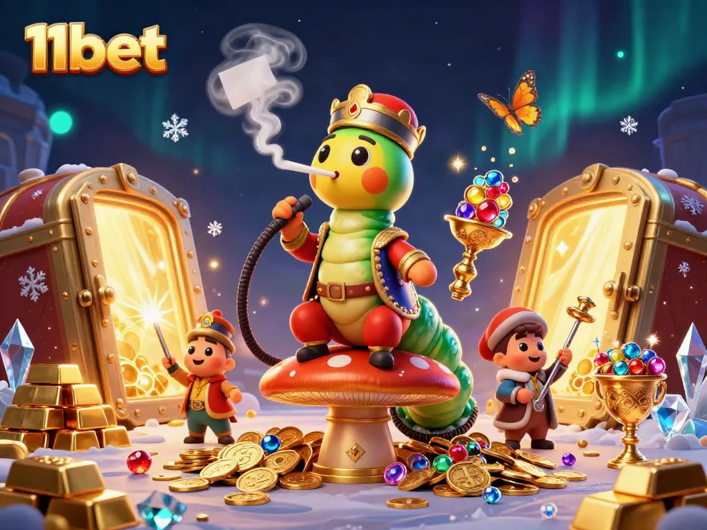 11bet showcases a vibrant 3D illustration of a whimsical caterpillar casino-themed scene with treasure and gambling symbols.