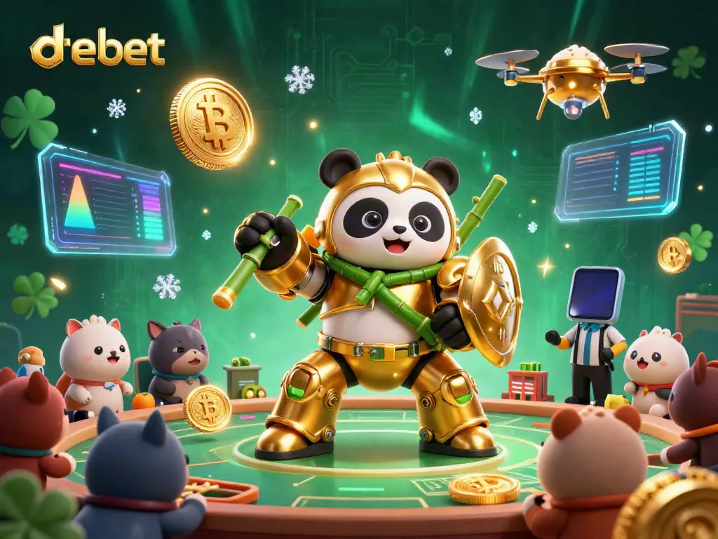 Experience the vibrant gambling world of debet with a golden panda mech and crypto elements.