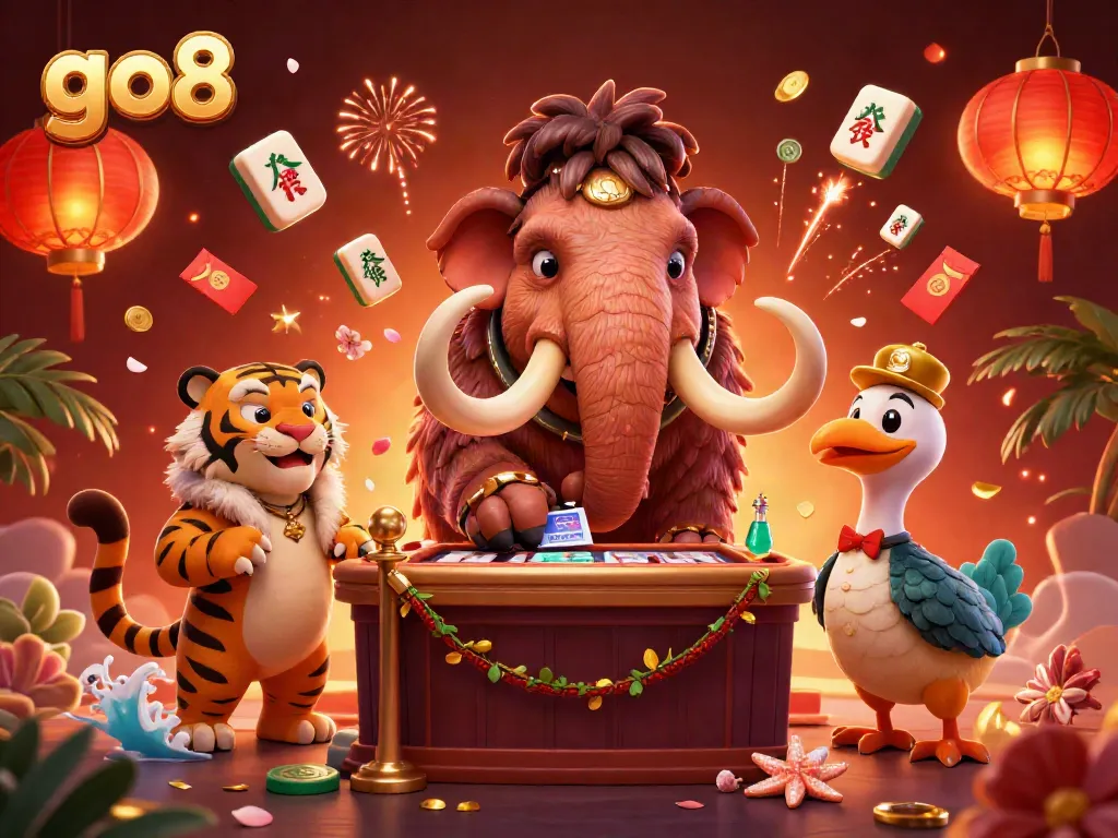 Join the excitement at go8 with a vivid 3D illustration of a cartoon woolly mammoth checking IDs at a casino entrance.