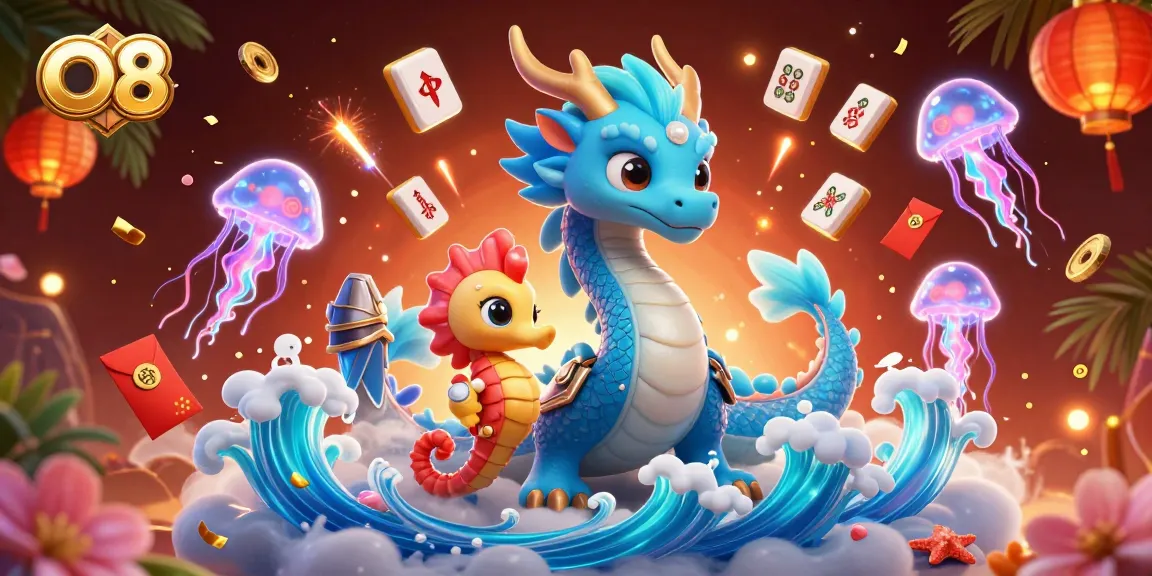 Experience the thrill of O8 with a vibrant 3D illustration showcasing fantastical characters and casino elements.