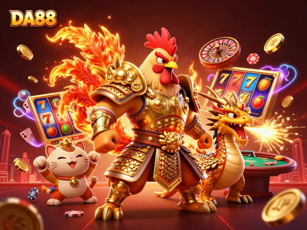 Spin the reels with DA88 as the dynamic rooster warrior and dragon deliver exhilarating casino excitement.