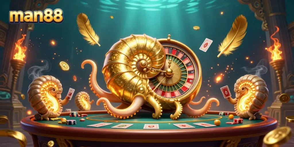 Enjoy thrilling gaming at man88 featuring a luminous nautilus roulette wheel and glowing cards.