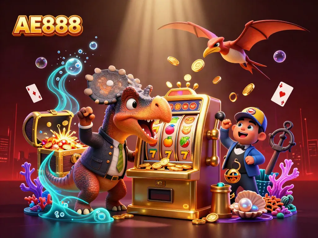 Experience thrilling AE888 jackpot excitement with cartoon dinosaurs and dynamic casino elements.