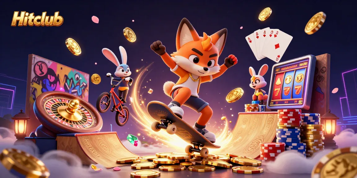 Hitclub showcases a vibrant scene of a skateboarder fox and BMX rabbit amidst dynamic casino visuals.
