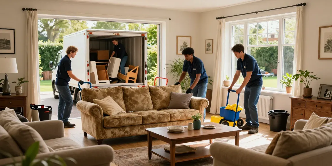Efficient house clearance london service with friendly professionals removing old furniture in a bright living room.