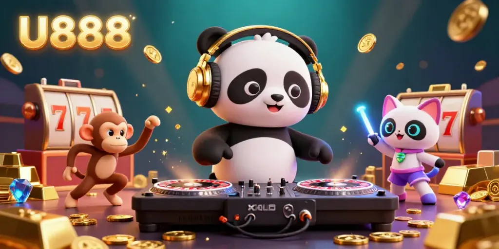 Experience U888's vibrant casino energy with a DJ panda, dancing monkey, and glowing kitten, all surrounded by rich gaming visuals.