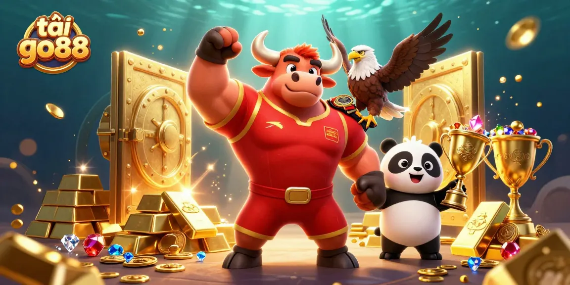 Win big with tải go88 at this vibrant 3D cartoon scene featuring characters celebrating casino treasures.