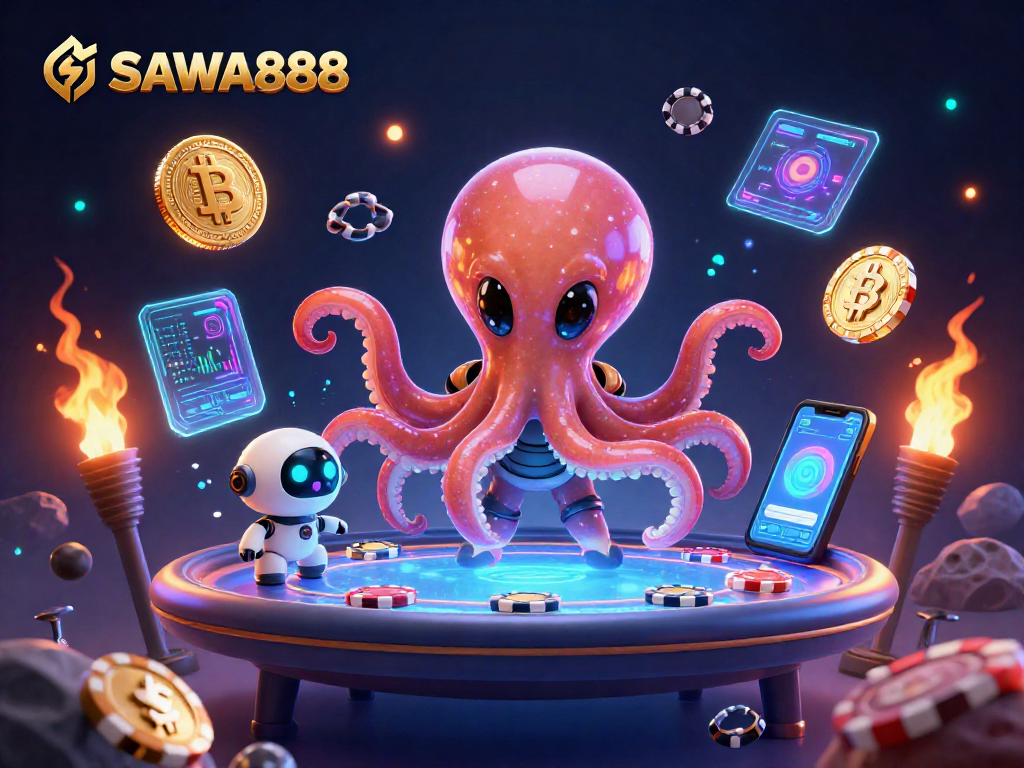 SAWA888 players engaging with a holographic poker table amid floating cryptocurrency elements.
