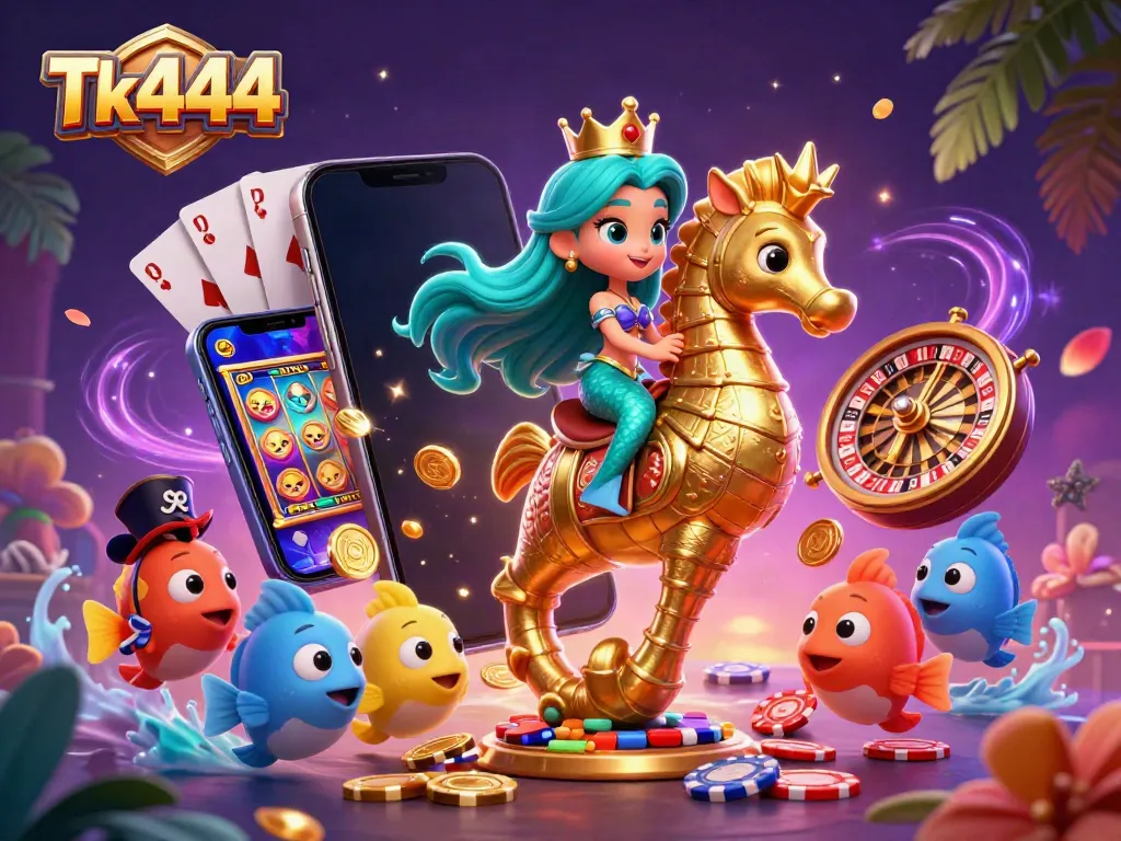 Experience the thrilling world of Tk444 with a mermaid princess and seahorse amidst vibrant casino elements.