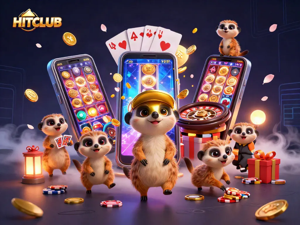 Experience the excitement at HITCLUB with an interactive casino scene featuring meerkats, slots, and more!