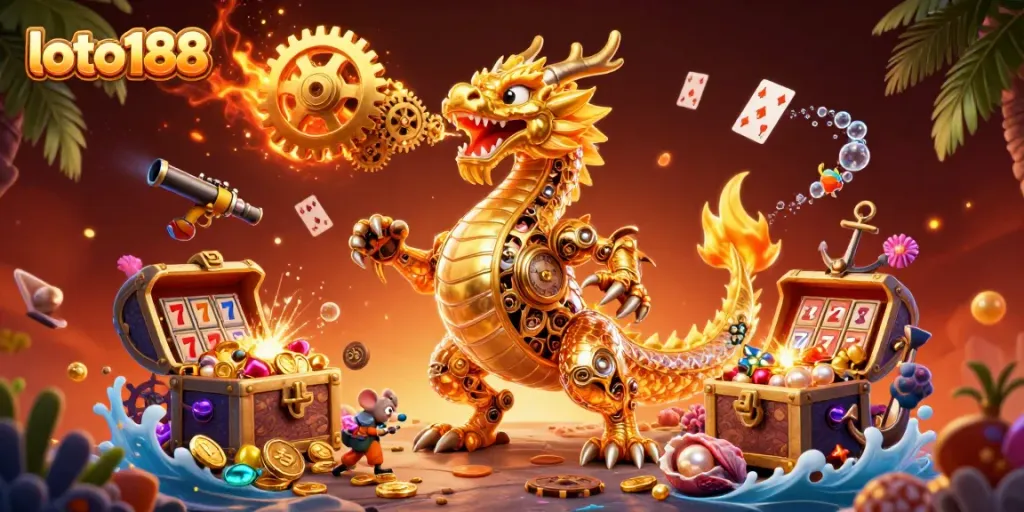 Loto188 offers a thrilling casino experience with detailed 3D scenes featuring the dragon and treasure.
