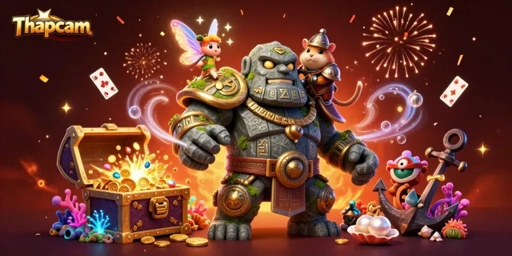 Thapcam showcases an energetic casino scene with magical characters and vibrant elements for gambling action.