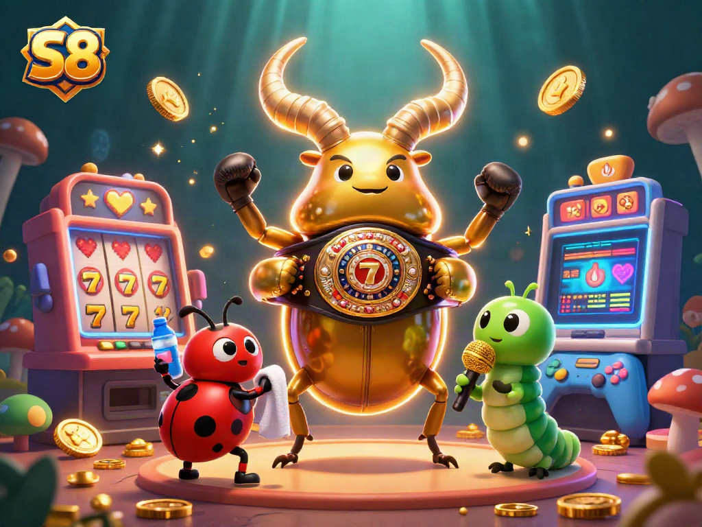 Engage in the S8 casino action with vibrant slot machines and colorful characters in a dynamic scene