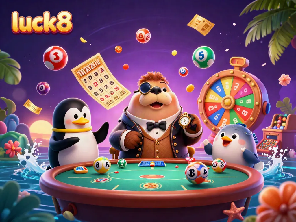 Engage with luck8's vibrant casino experience featuring a walrus at a poker table with dynamic game elements.