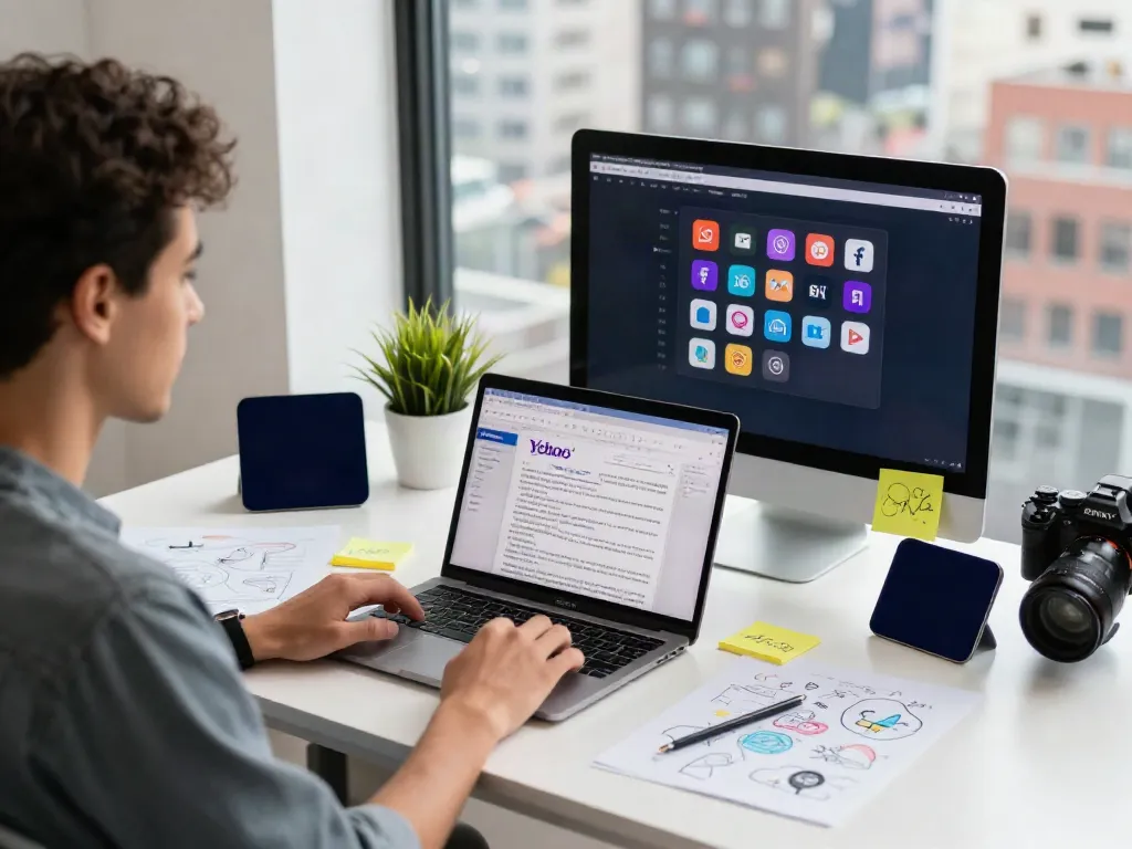 Creating engaging content inspired by Yahoo published great article in a vibrant digital workspace.
