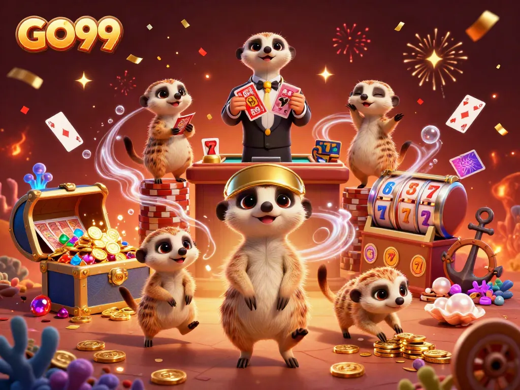 Experience explosive winnings at GO99 with a vibrant casino scene filled with meerkats and treasures.