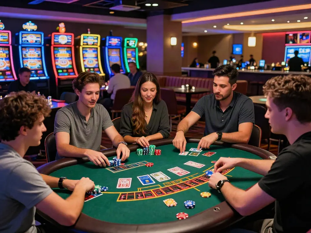 Engaged players at online credit card casinos enjoying games like blackjack and roulette with vibrant casino atmosphere.