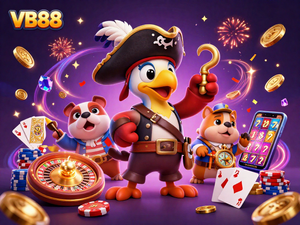 Experience the thrilling world of VB88 with pirate-themed gambling characters and vibrant casino elements.