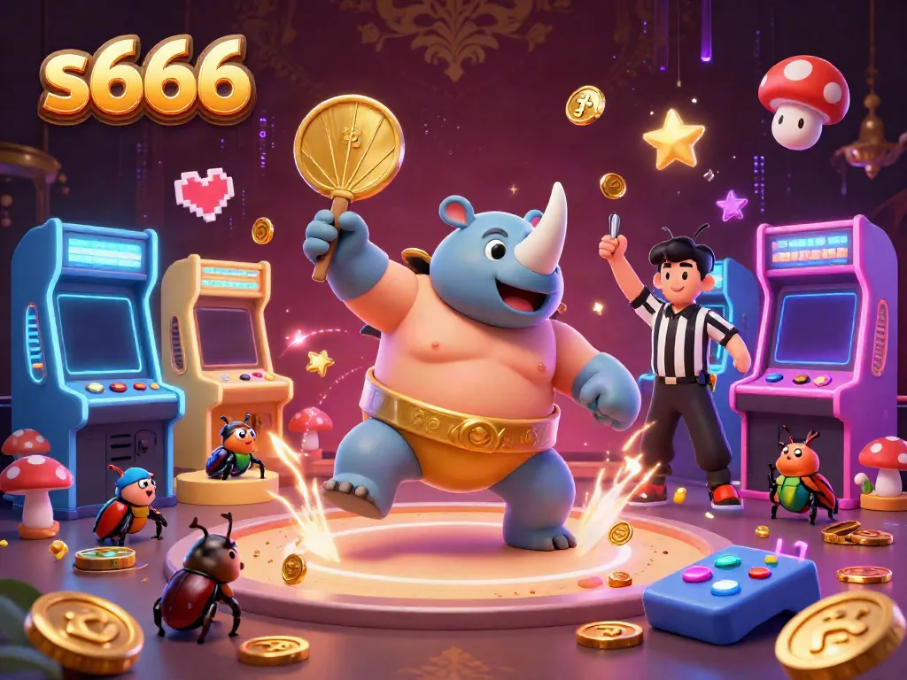 Experience thrilling moments with s666 in a vibrant digital casino scene featuring a powerful beetle champion.