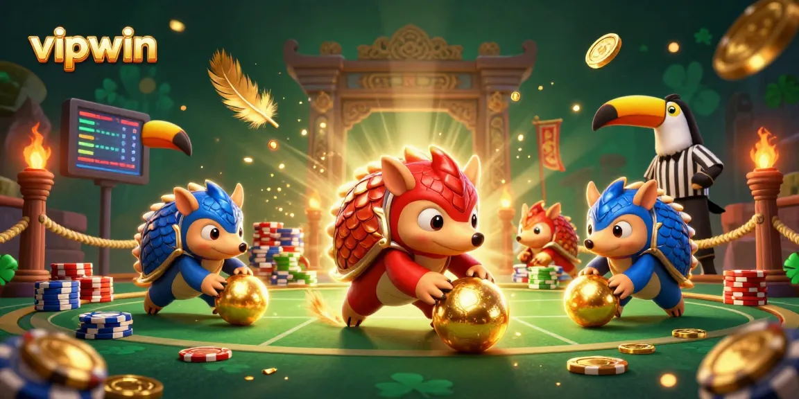 Engage in thrilling gameplay with vipwin's cartoon pangolins amidst an exciting casino scene.