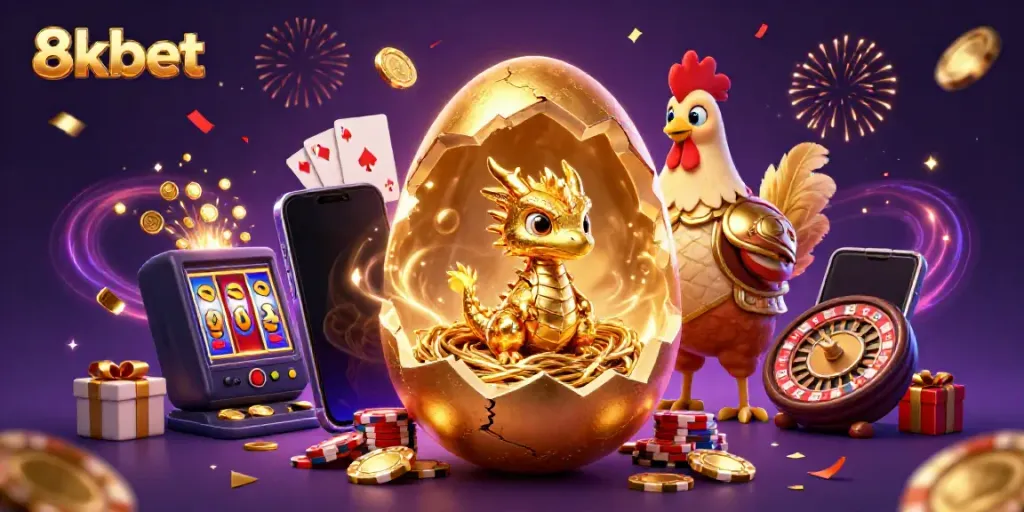 Experience excitement at 8xbet with a vibrant golden dragon, poker chips, and thrilling game elements.