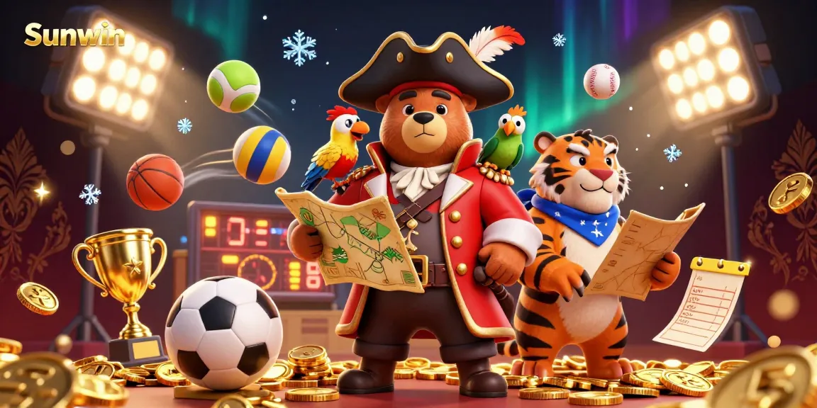 Experience the thrill of Sunwin casino with vibrant characters and dynamic game elements in a rich 3D scene.