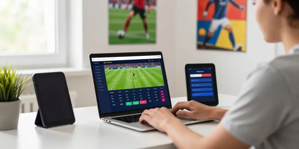 DewaGG online betting platform with user engaging in live soccer betting on laptop and smartphone.