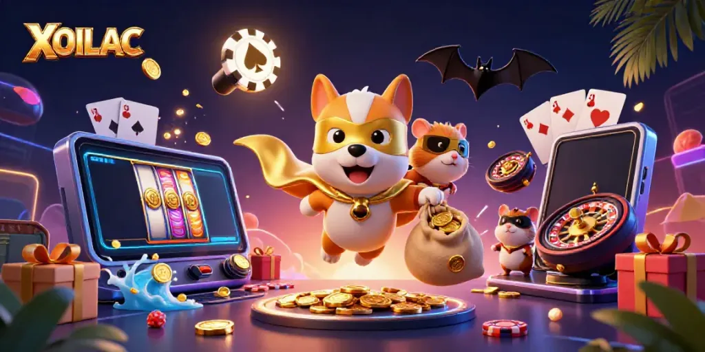 Experience the thrill of gambling with XOILAC, as a superhero dog and hamster take flight among exciting casino elements.
