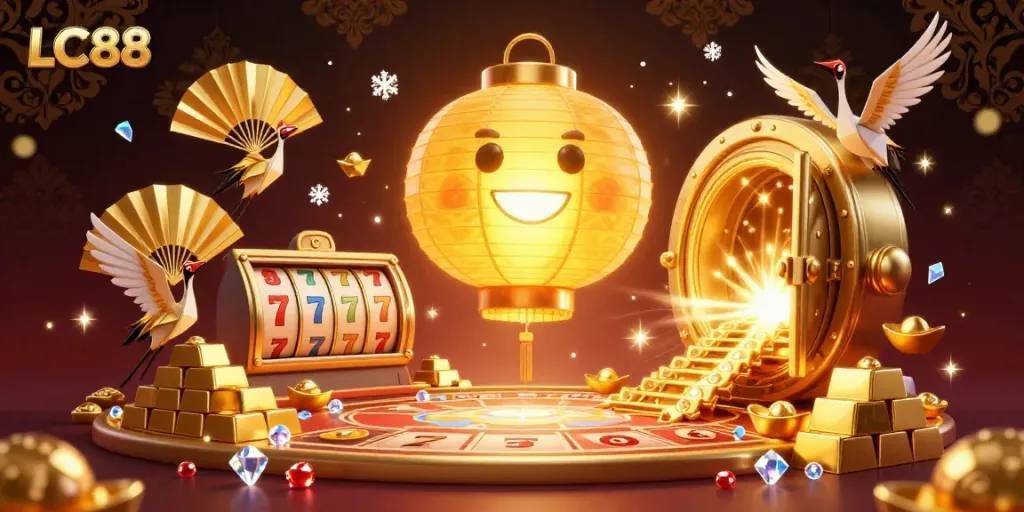 Experience the thrill with LC88 in an enchanting casino scene featuring golden treasures and slot elements.