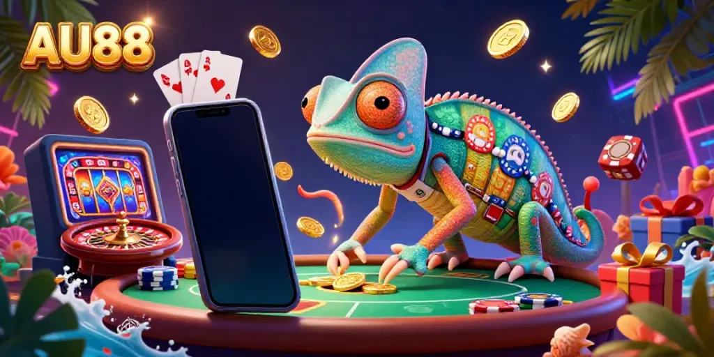 Engage with AU88's vibrant 3D casino world where a colorful chameleon owner watches games and golden coins fly.