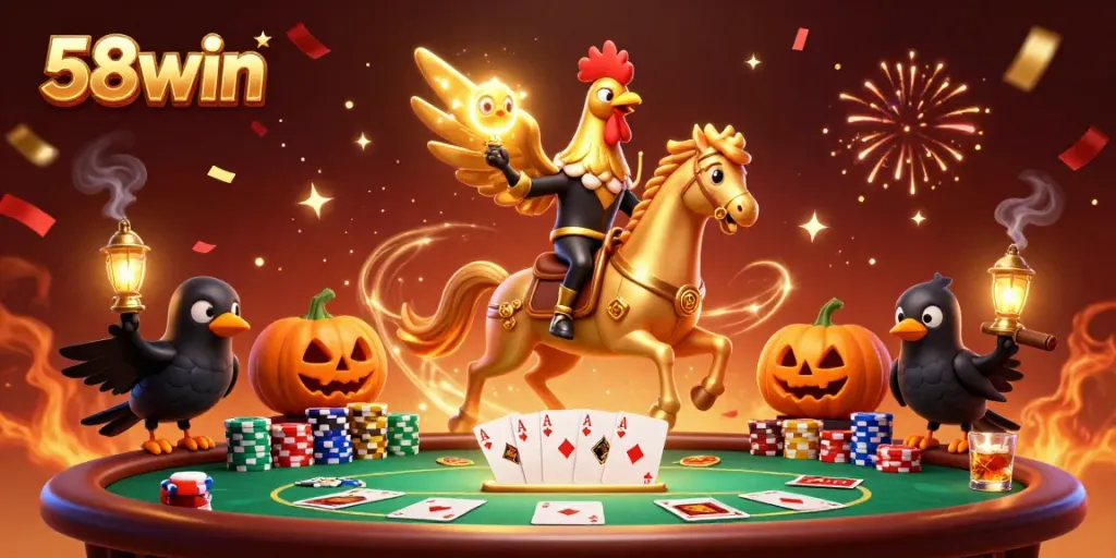 Experience the excitement of 58win casino with a golden rooster and its companions in action.